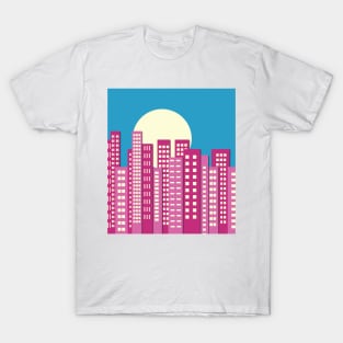 Pink City Skyline Full Moon Night T-Shirt